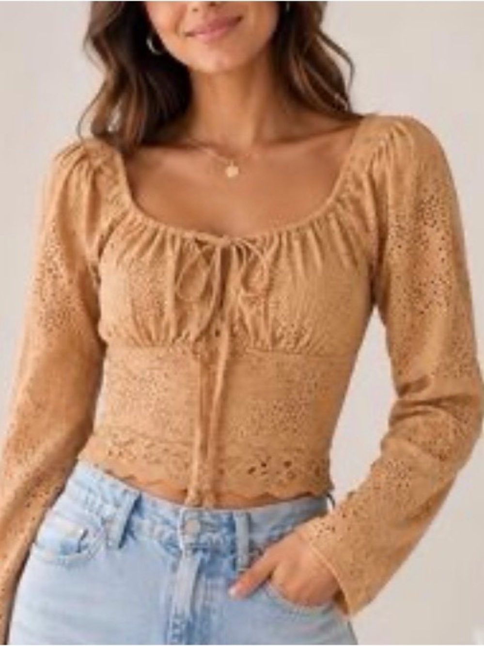 Kirious Los Angeles Golden Eyelet Lace Cropped Long Sleeve Top - Size XS